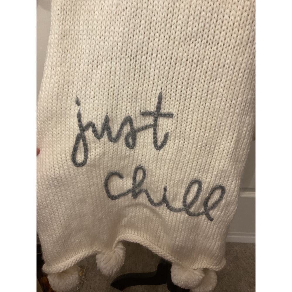 NWT Aerie "Just Chill" Pompom Cream Embroidered Knit Scarf, OS - Picture 4 of 8